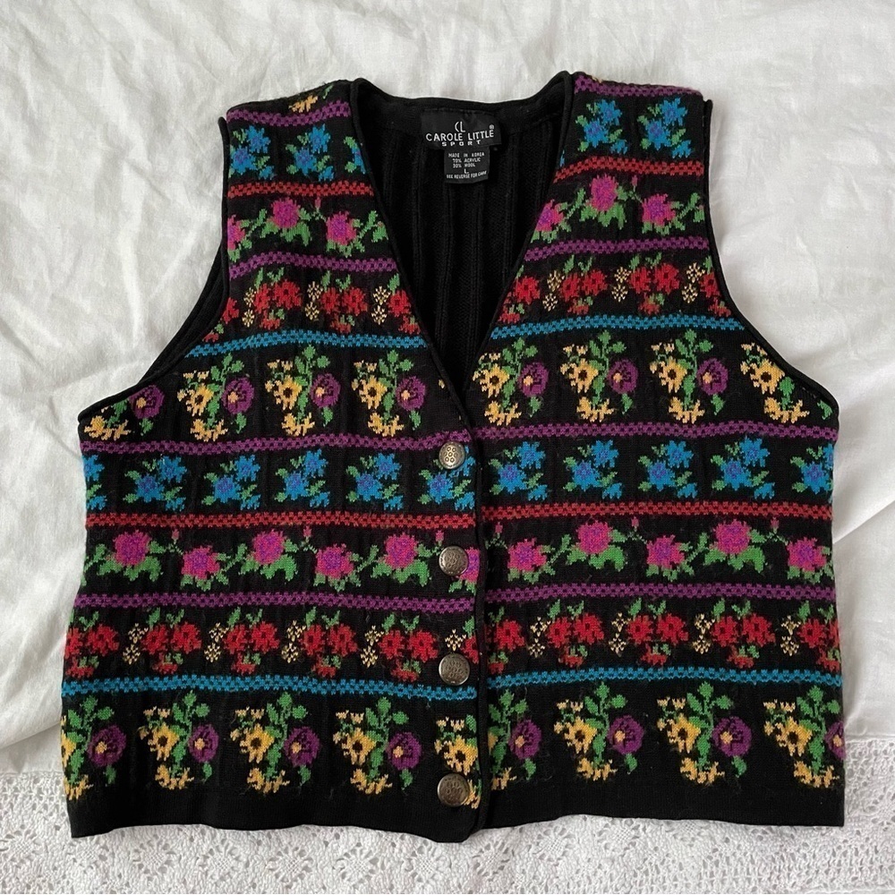Carole Little LARGE floral cottagecore Vest floral black knit sweater wool blend